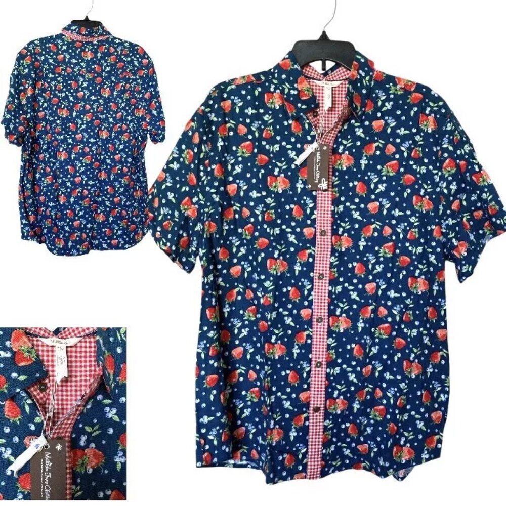 MATILDA JANE Men's Large Shirt Linen Blend Strawberry Button Front